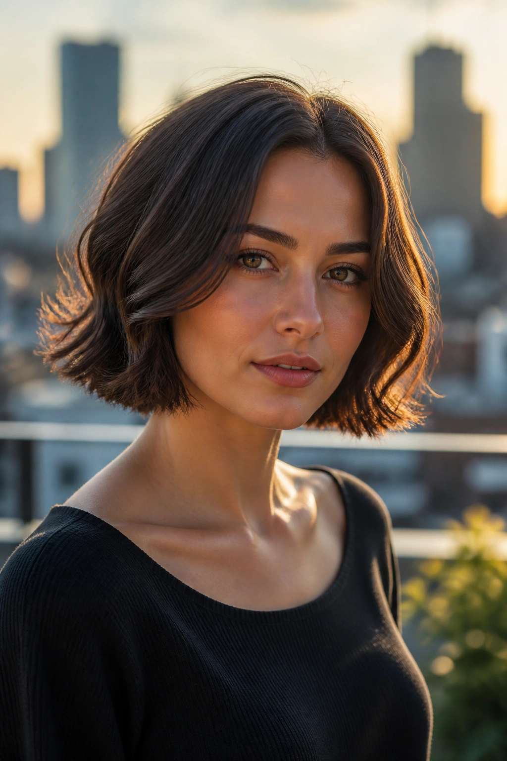 Portrait of a real woman with a sleek short bob and loose waves.