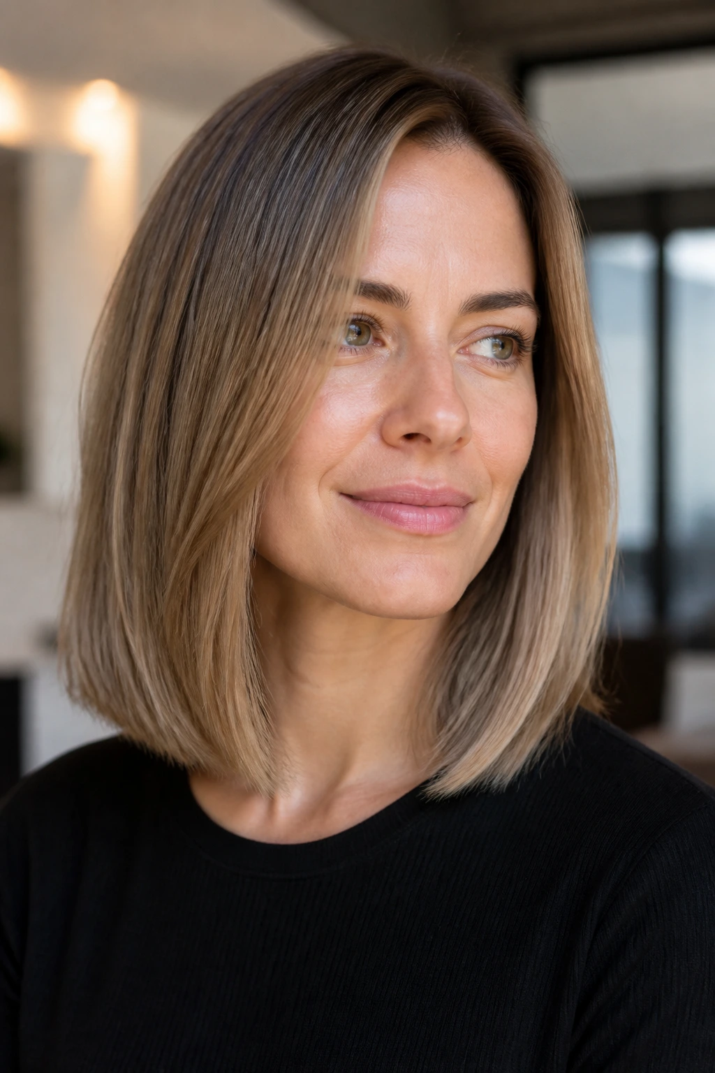 Real woman with sleek shoulder-length hair and invisible layers