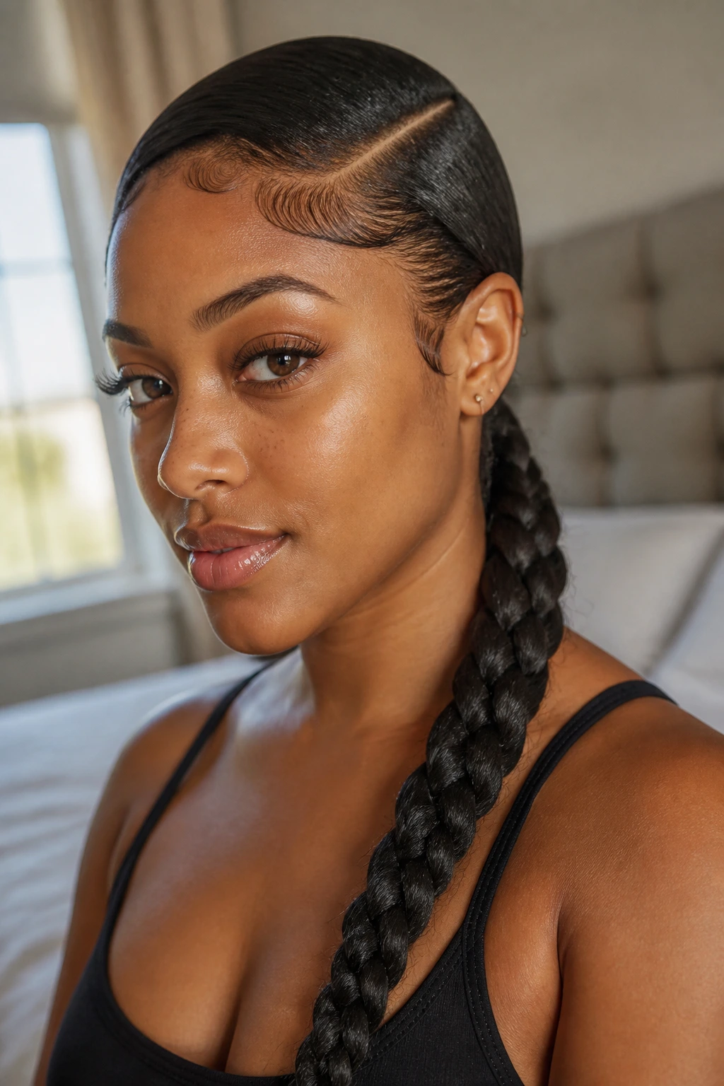 Close-up portrait of a real woman with a sleek side braid and polished edges in soft window light