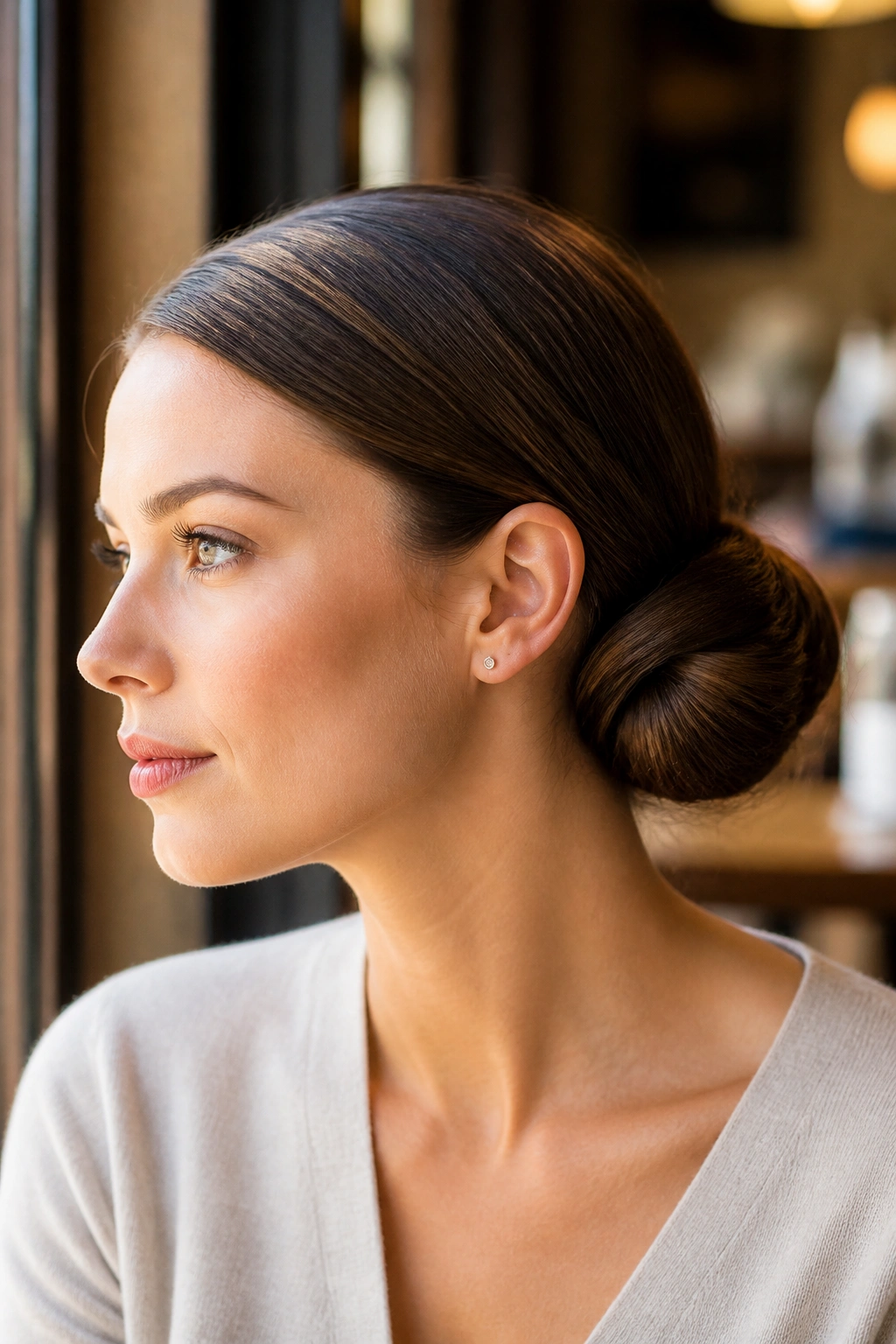 Profile view of woman with sleek side bun and hidden elastic