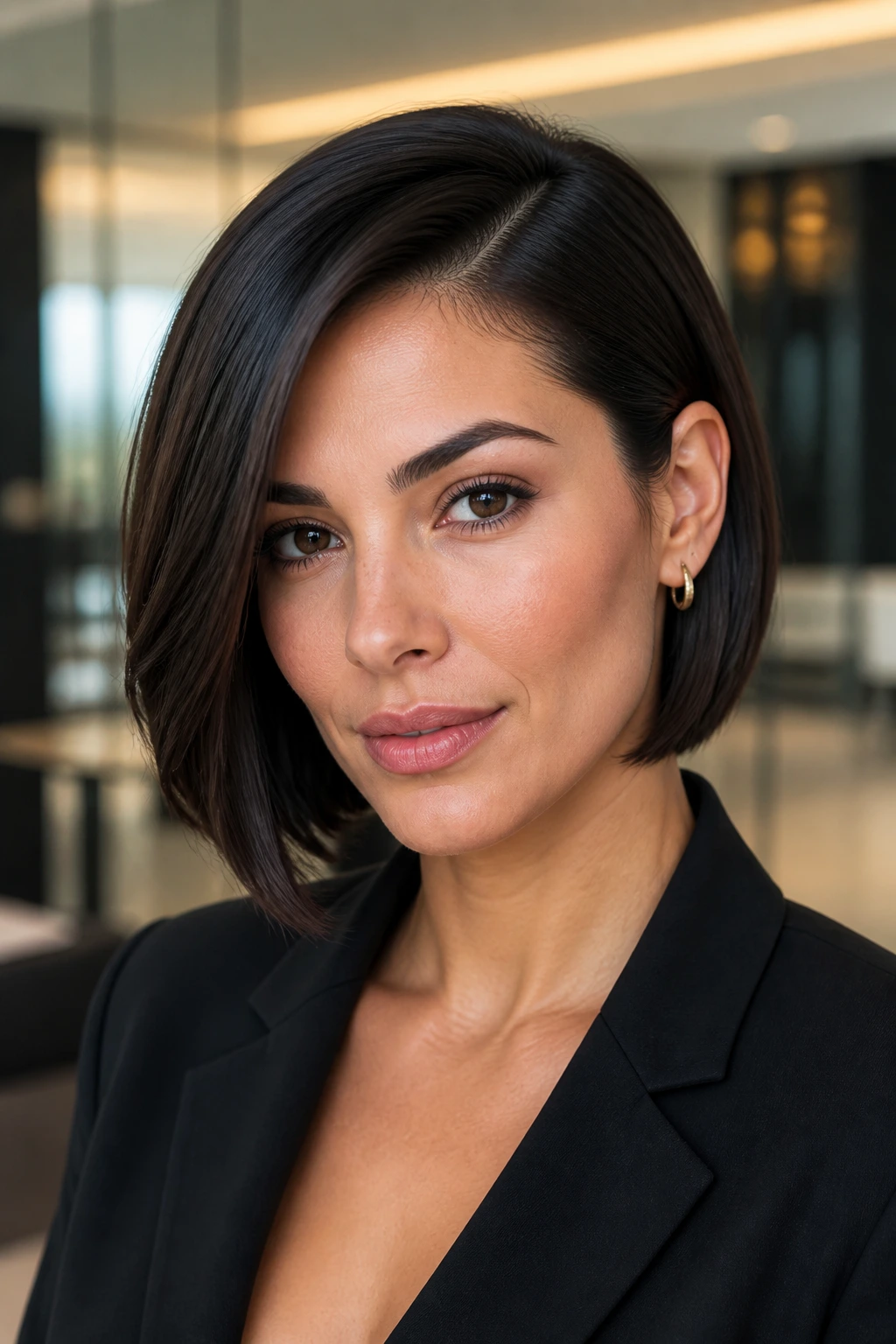 Close-up portrait showing a Sleek Side-Part Bob with a deep side part tucked behind the ear.