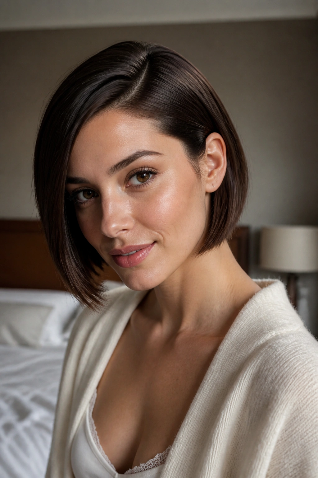 Close-up portrait of a woman with Sleek Side-Part Bob tucked behind one ear, wedding hair