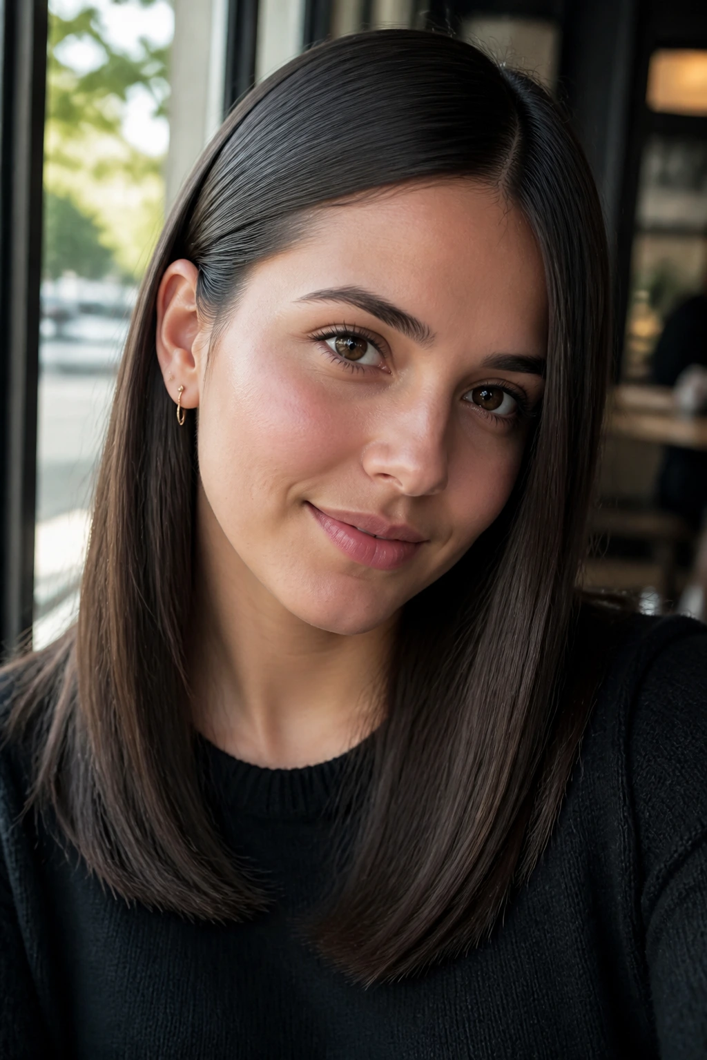 Close-up of a real woman with a deep side part and ear tuck