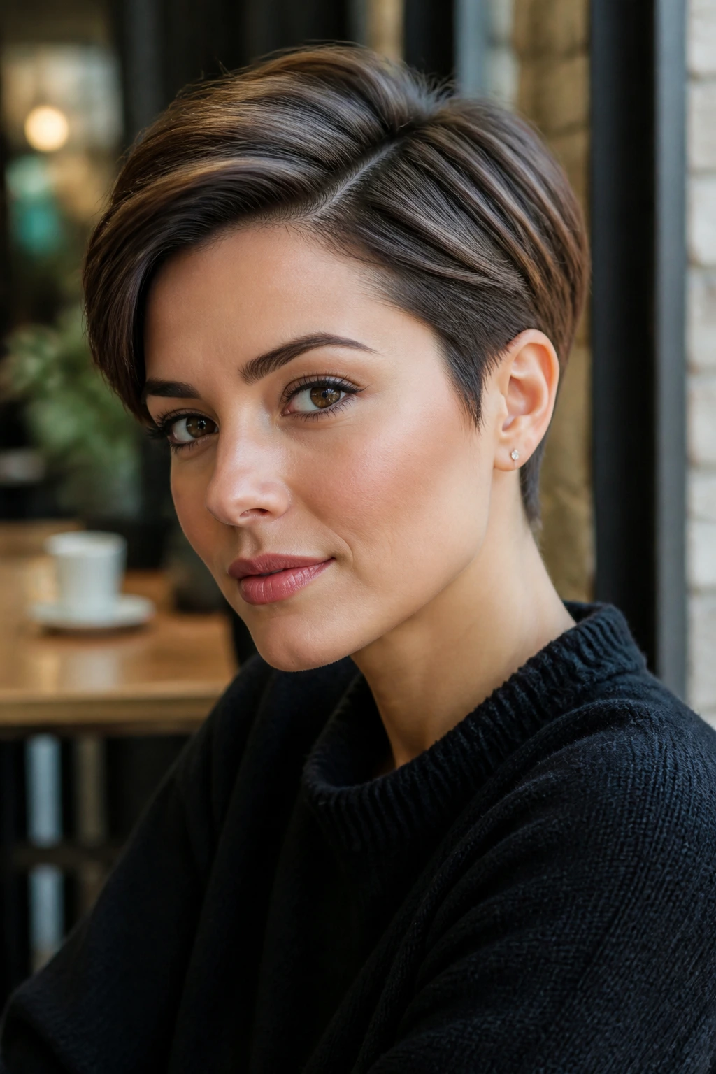 Close-up portrait of a real woman with Sleek Side-Part Pixie in warm window light