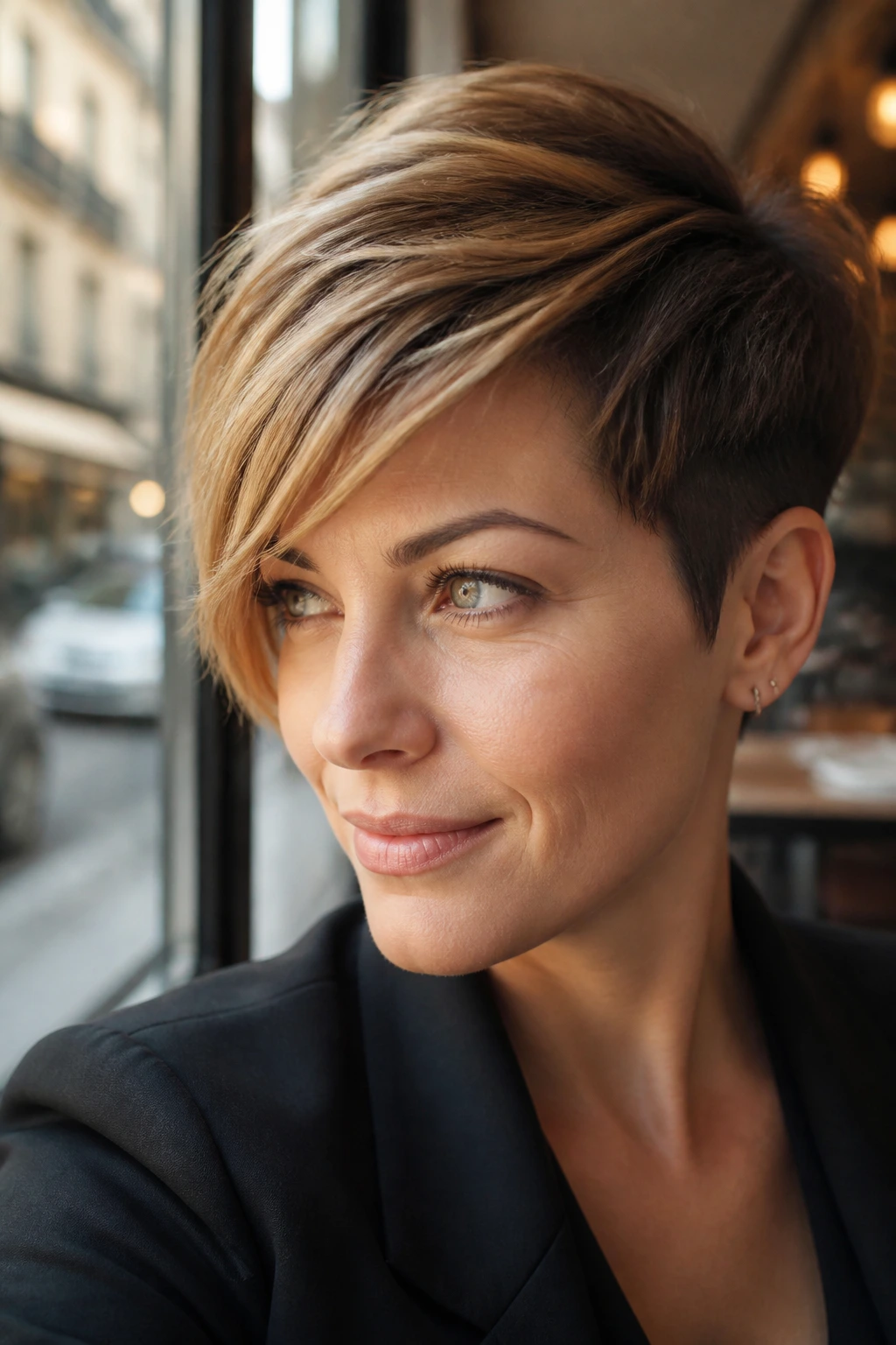 Portrait of a real woman with a sleek side-swept crop.