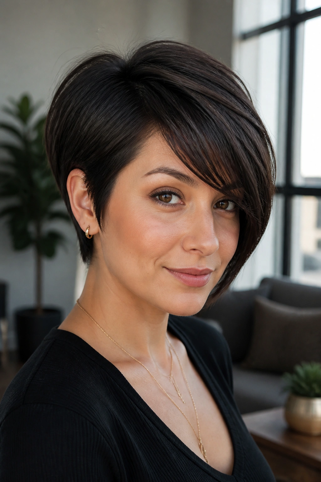Close-up portrait of a real woman with a sleek side-swept pixie bob.