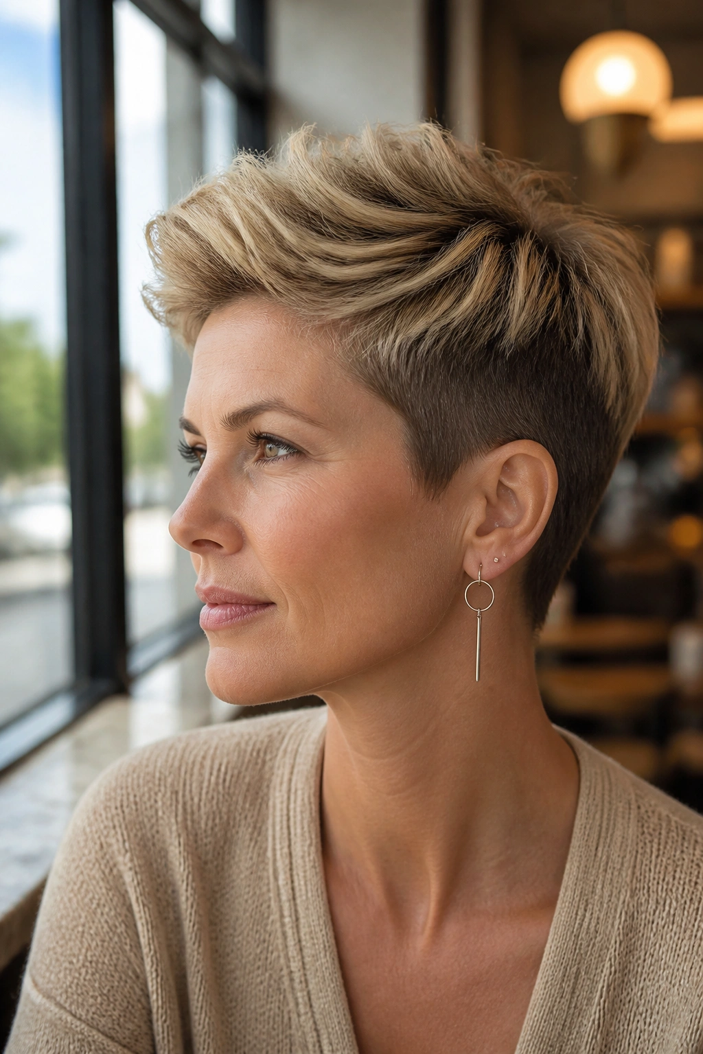 Portrait of a person with sleek sides pixie and voluminous top