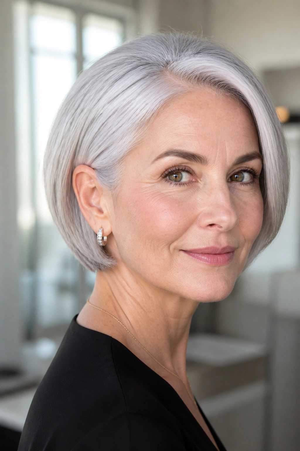 Close-up portrait of a real woman with a sleek tucked silver bob behind the ears.