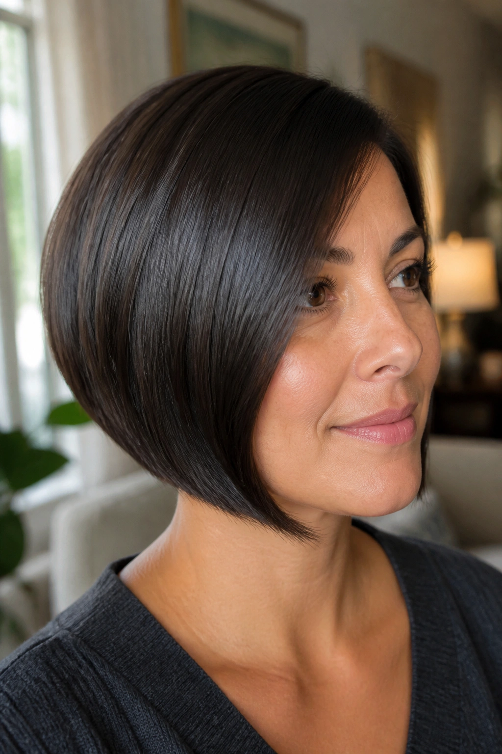Portrait of a real woman with a sleek glossy stacked bob in warm window light