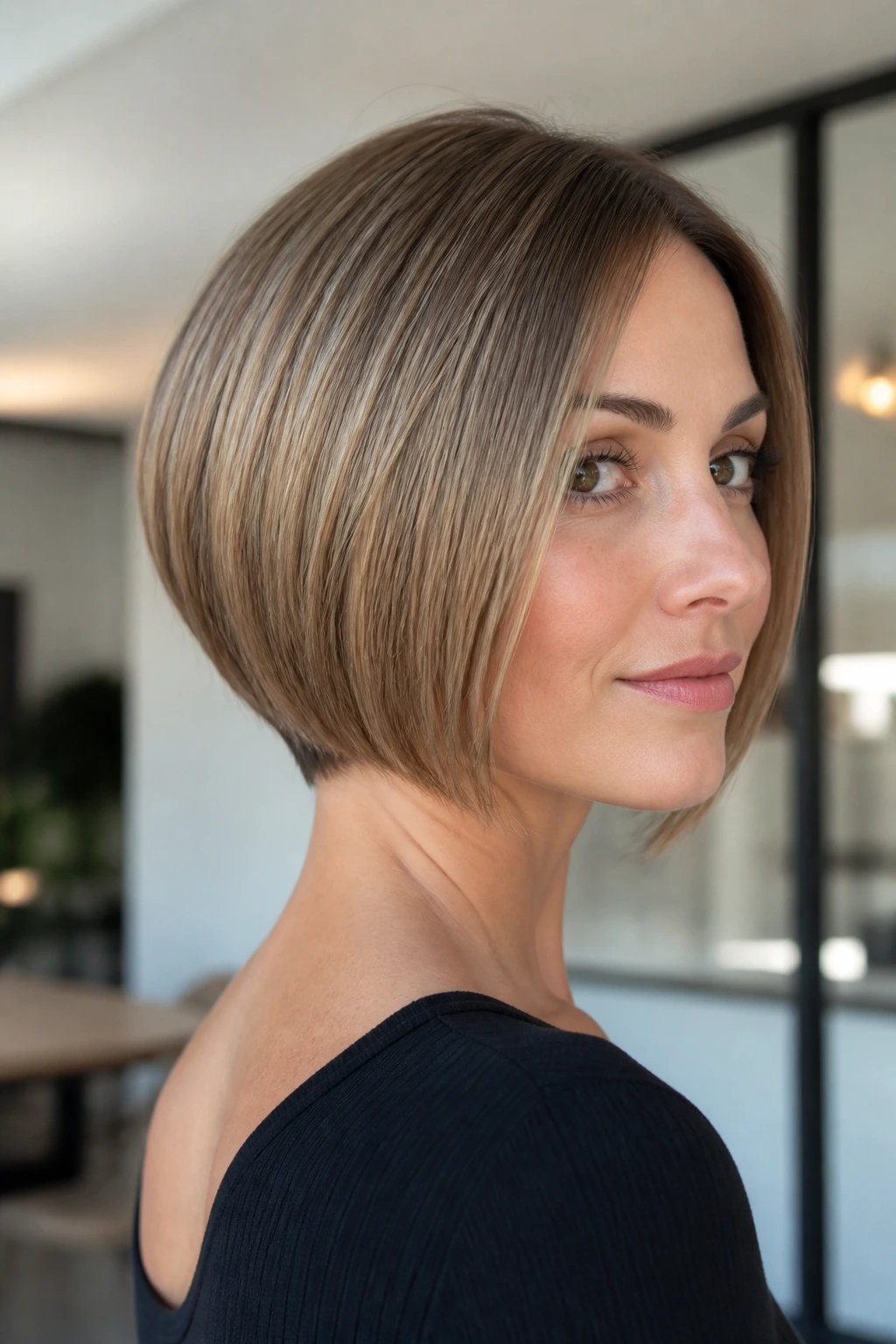 Real woman with sleek stacked bob highlighting clean geometry