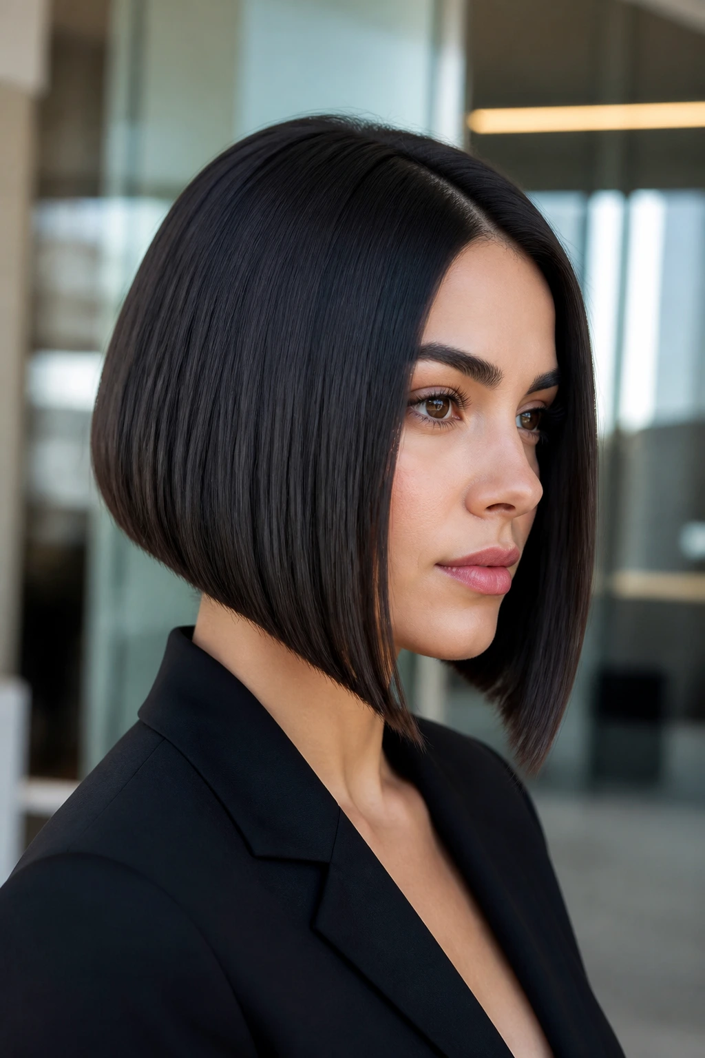 Close-up of a real woman with a sleek straight angled bob and clean part