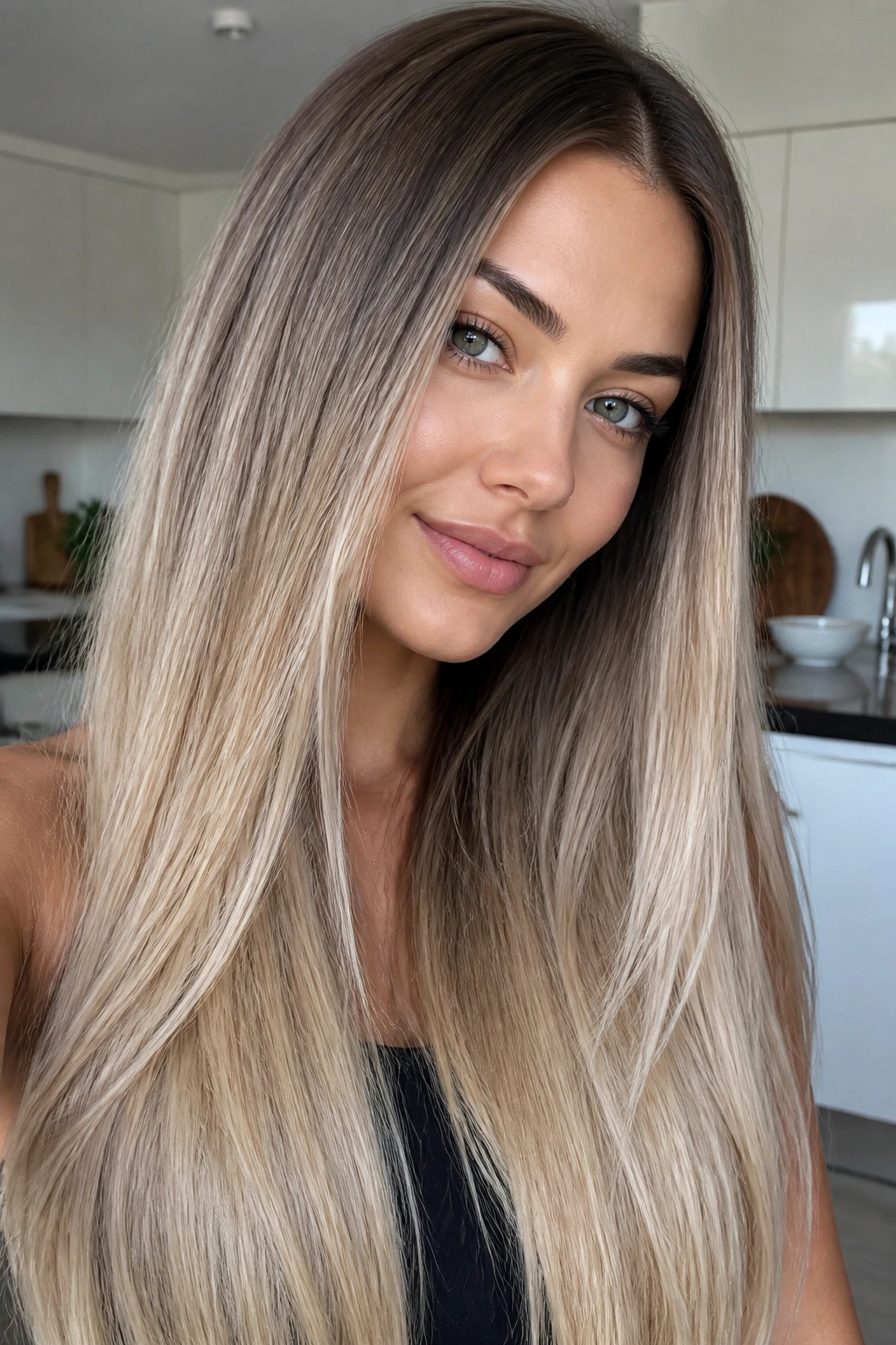 Real person with sleek straight ash blonde ombre on long hair.
