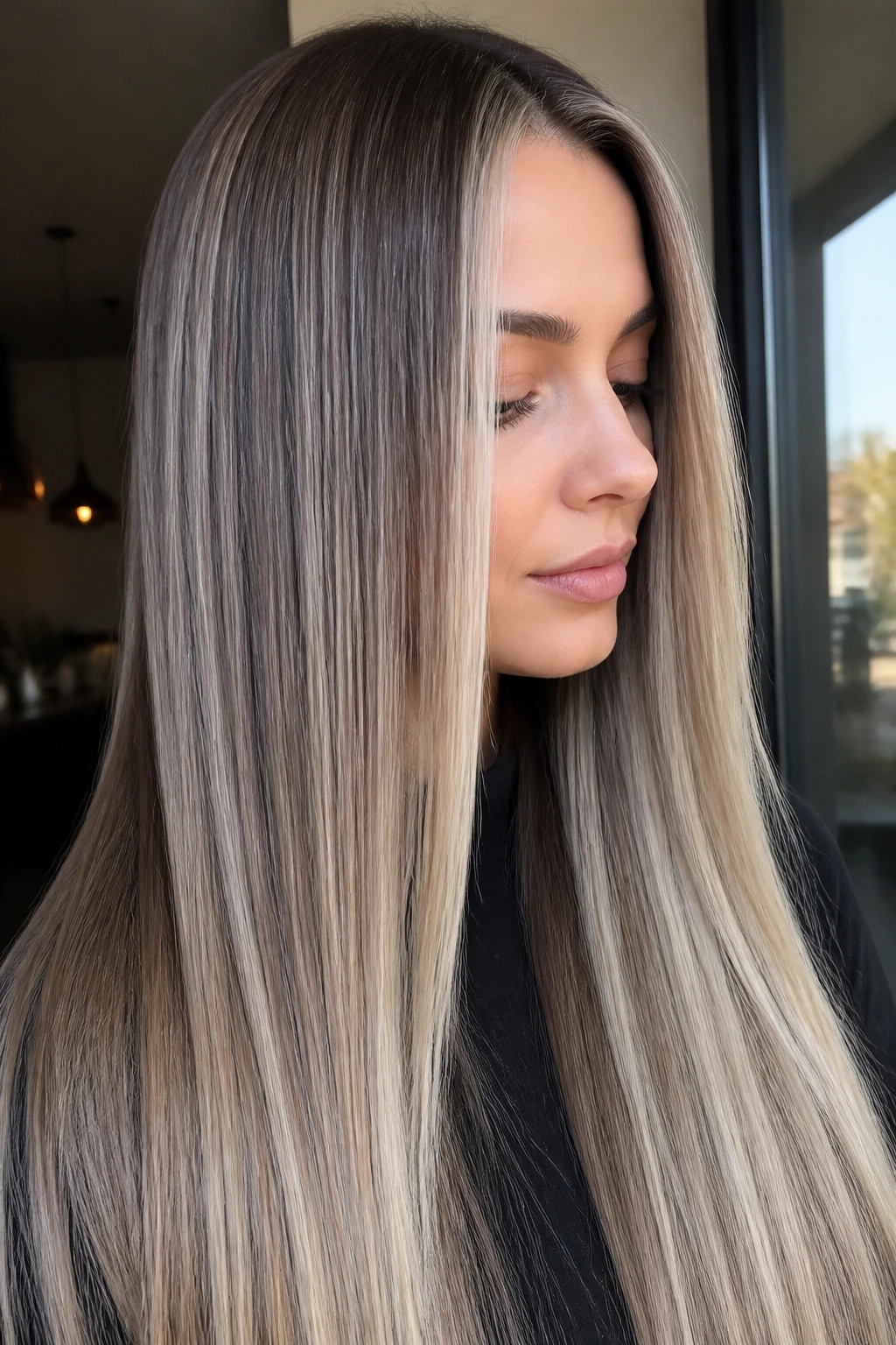 Straight hair with ash blonde panels on a real person.