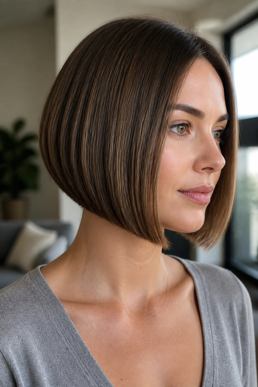 Portrait of a real woman with sleek straight graduated bob, clean lines.