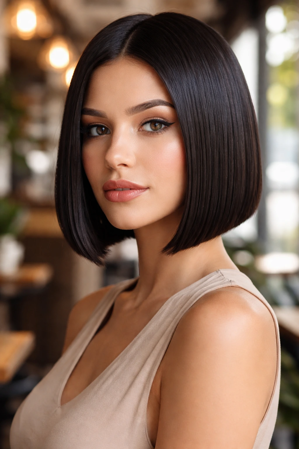 Close-up of real woman with blunt straight bob and glossy finish in daylight cafe