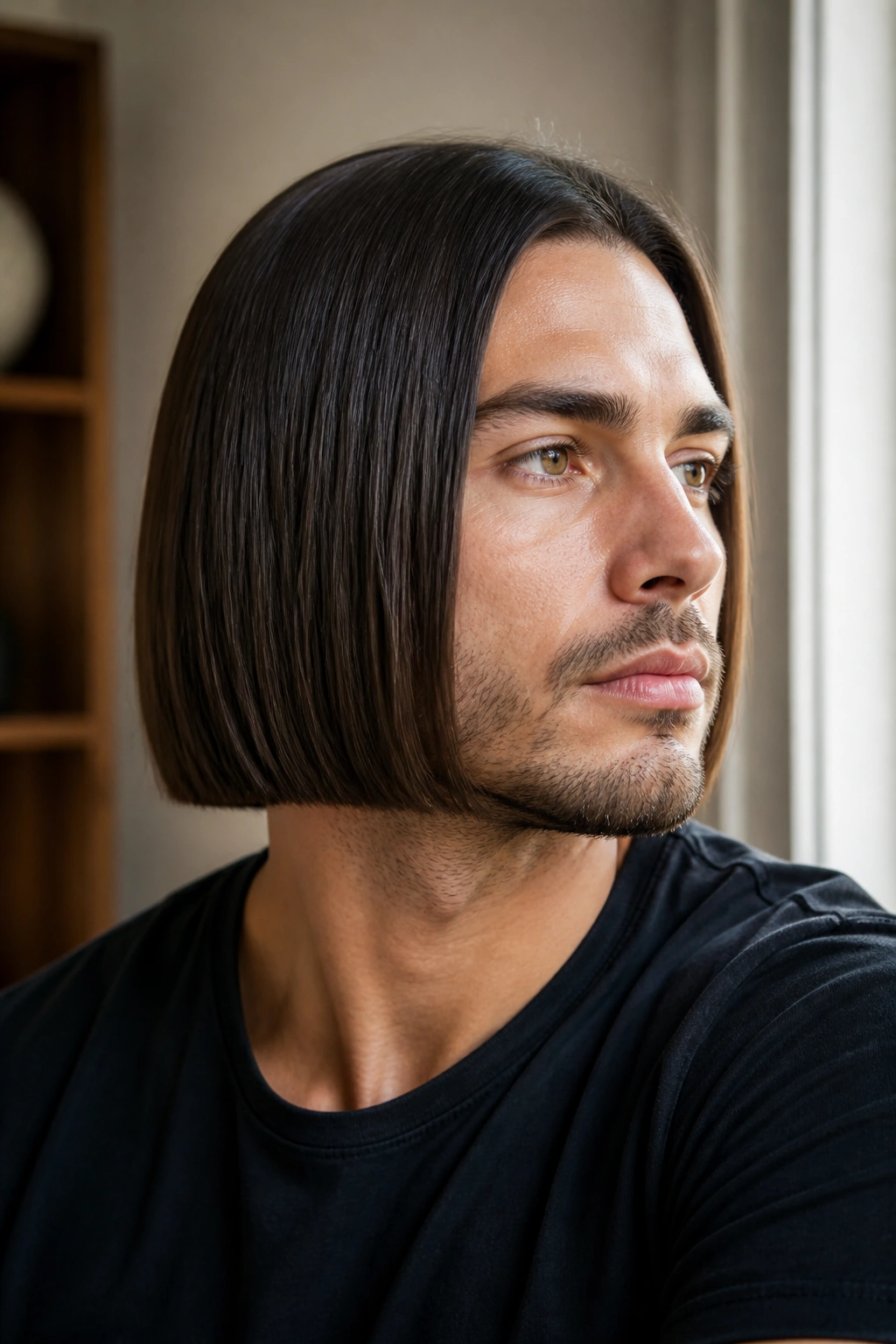 Portrait of a man with a sleek straight bob