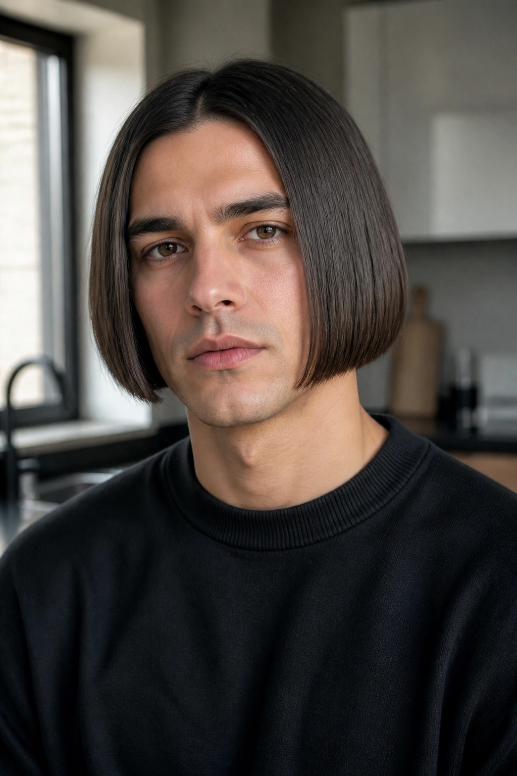 Close-up of a man with a sleek straight bob in a bright modern kitchen