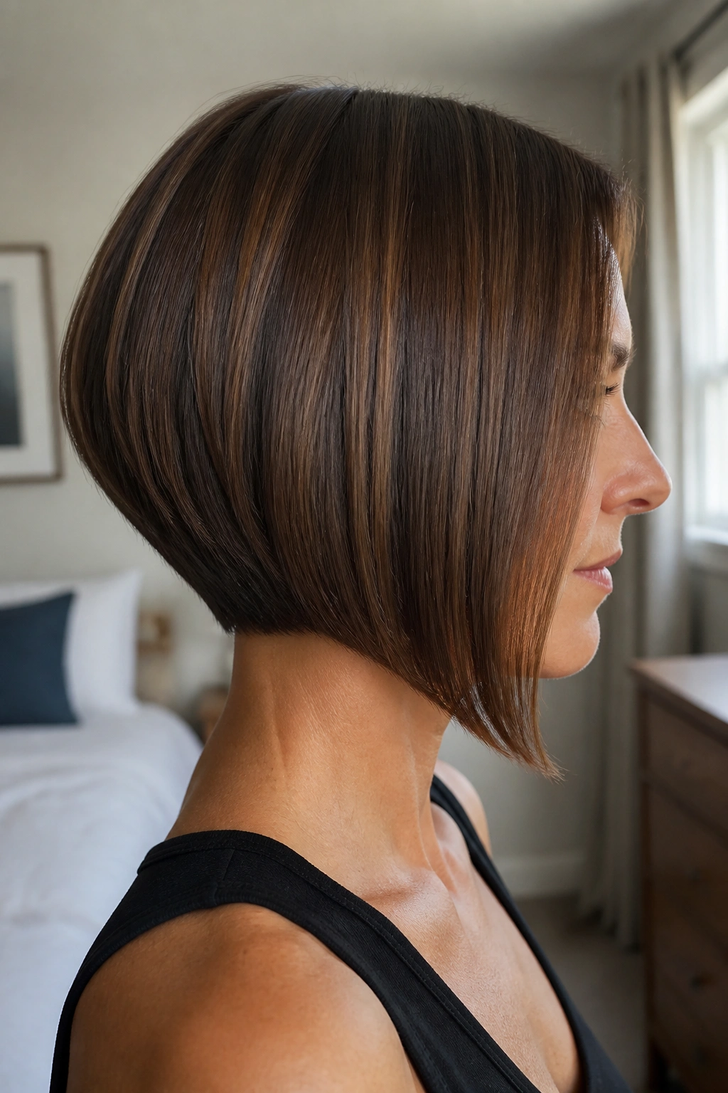Close-up portrait of a real woman with Sleek Straight Stacked Bob showing back hug and curved under ends