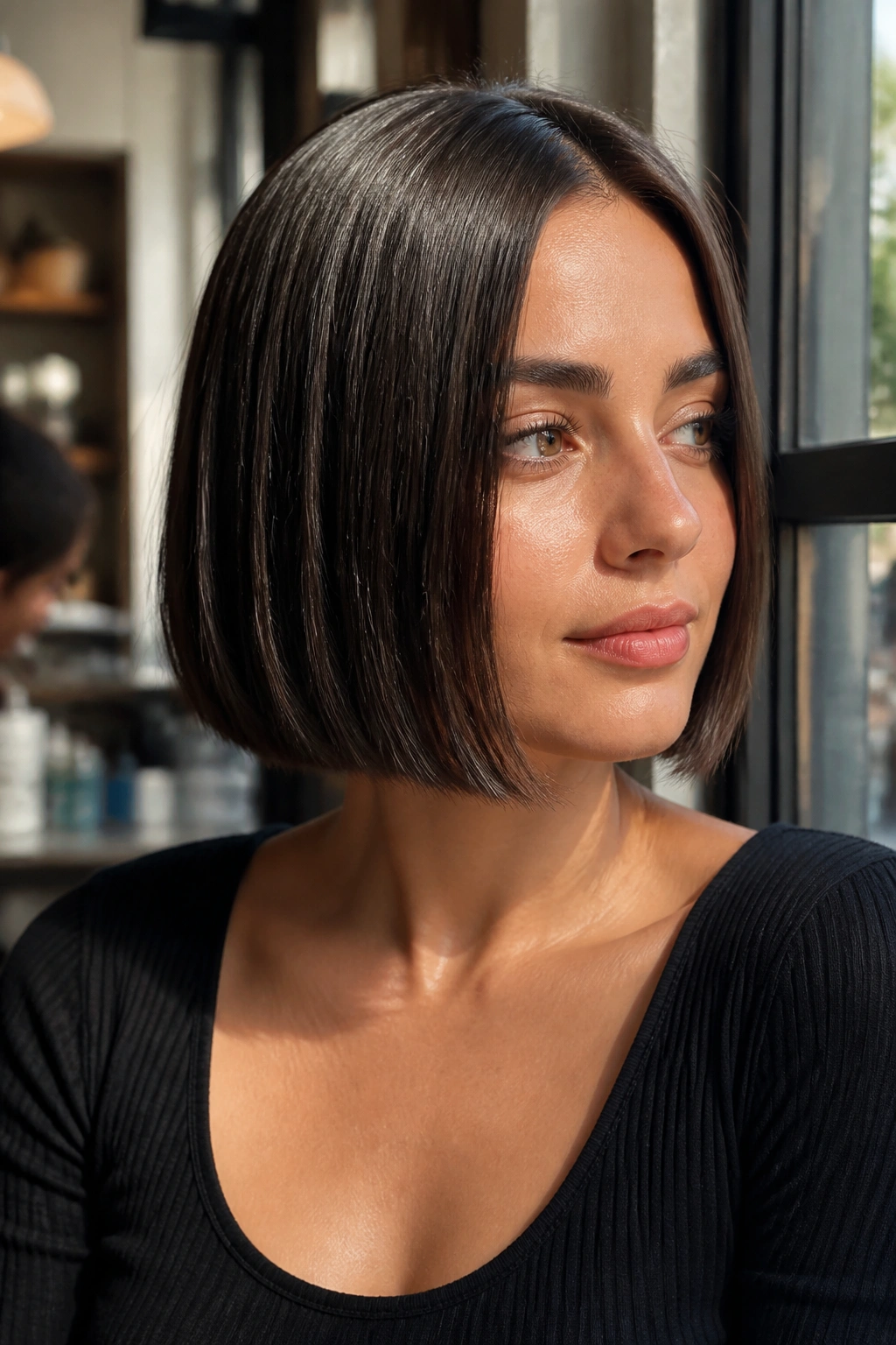 Woman with sleek straight bob in sunlit cafe