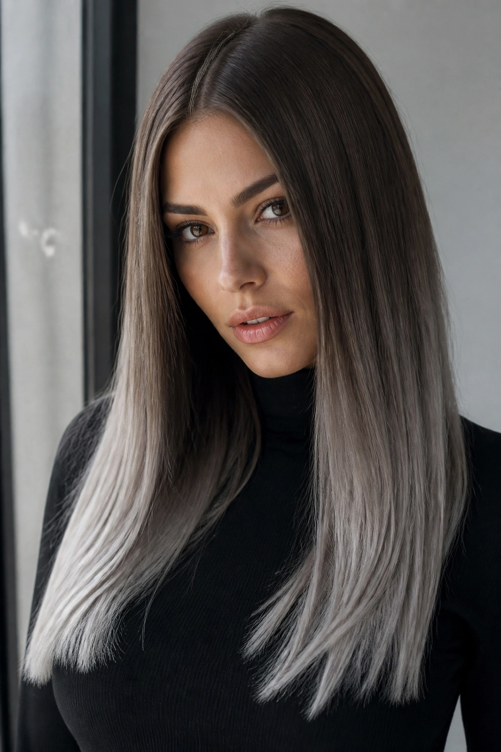 Close-up portrait of sleek straight brunette hair fading to satin silver