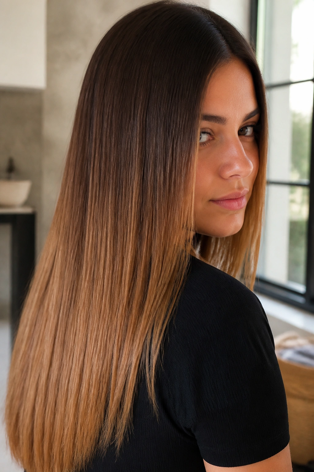 Close-up of a real woman with sleek straight hair and a clean caramel fade