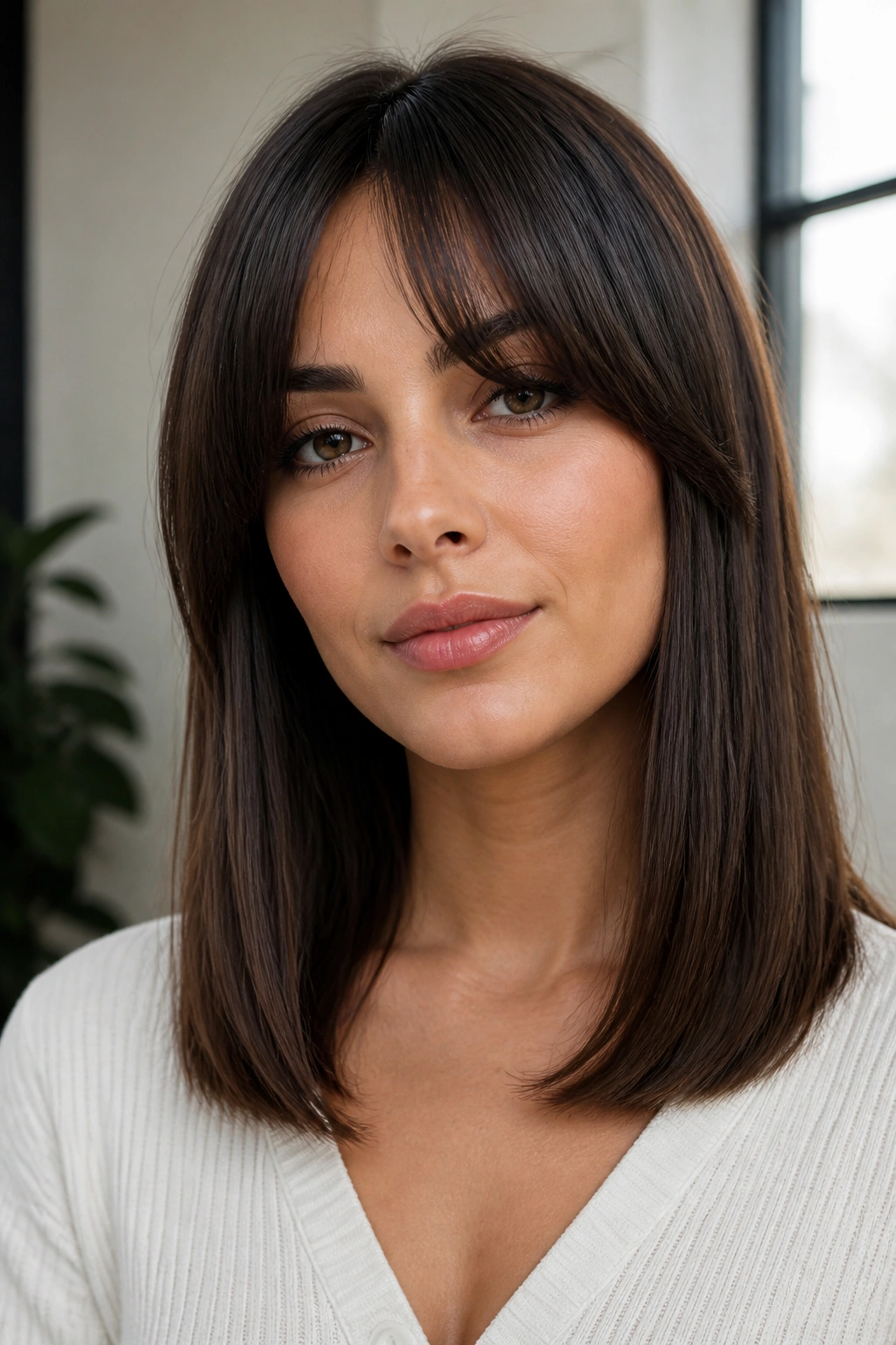 Real woman with sleek straight curtain bangs and clean beveled ends.