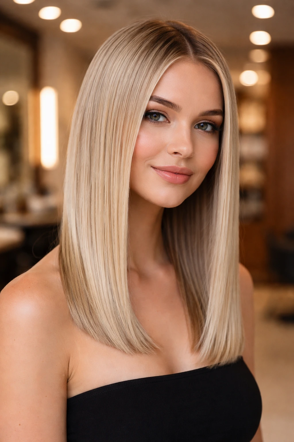 Close-up of a real woman with a sleek straight one-length haircut in a salon setting