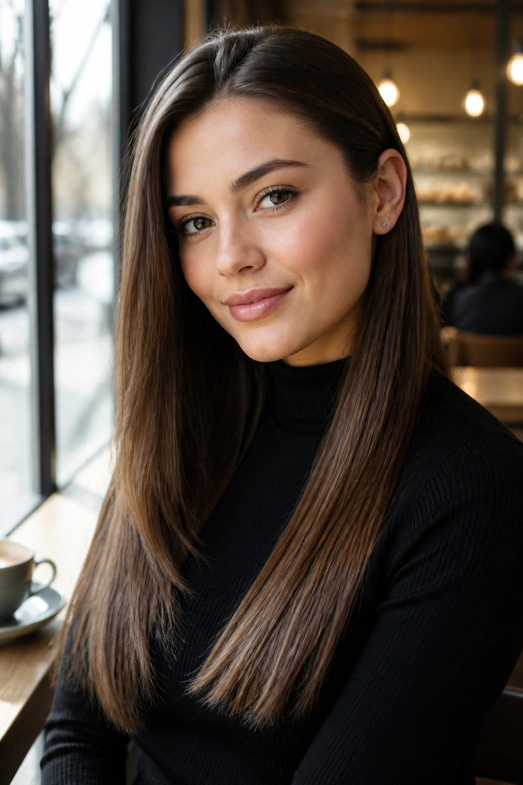 Portrait of a real woman with sleek straight hair and clean ends by a cafe window