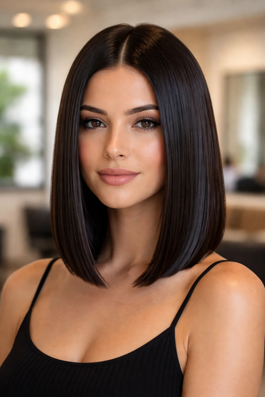 Portrait of a woman with sleek straight lob and center part, glass hair shine