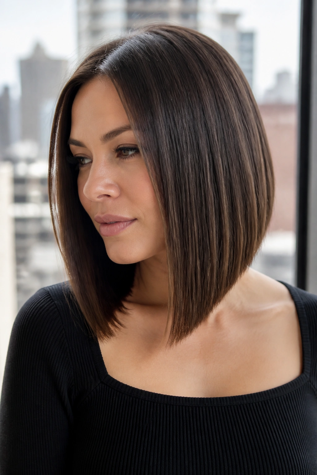 Close-up of a real woman with a sleek straight stacked lob and crisp edge