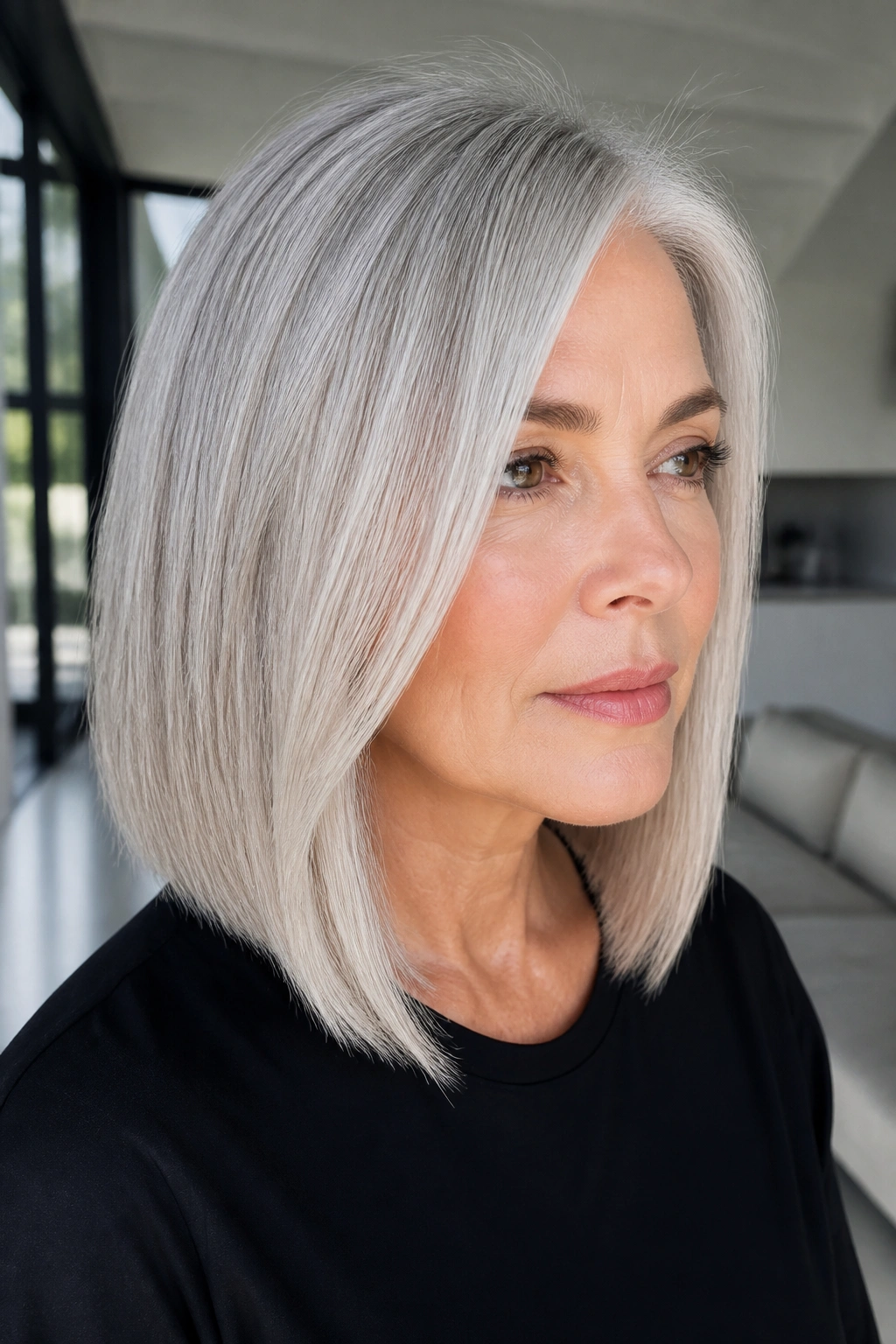 Portrait of a person with a sleek straight gray lob and off-center part.