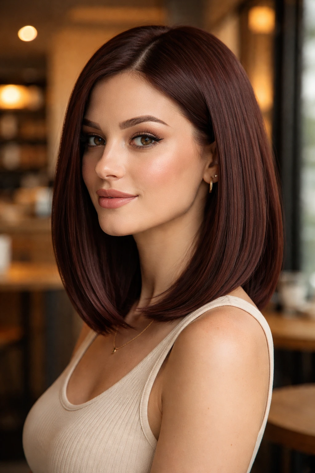 Portrait of a woman with a sleek straight mahogany lob and inward-curving ends.
