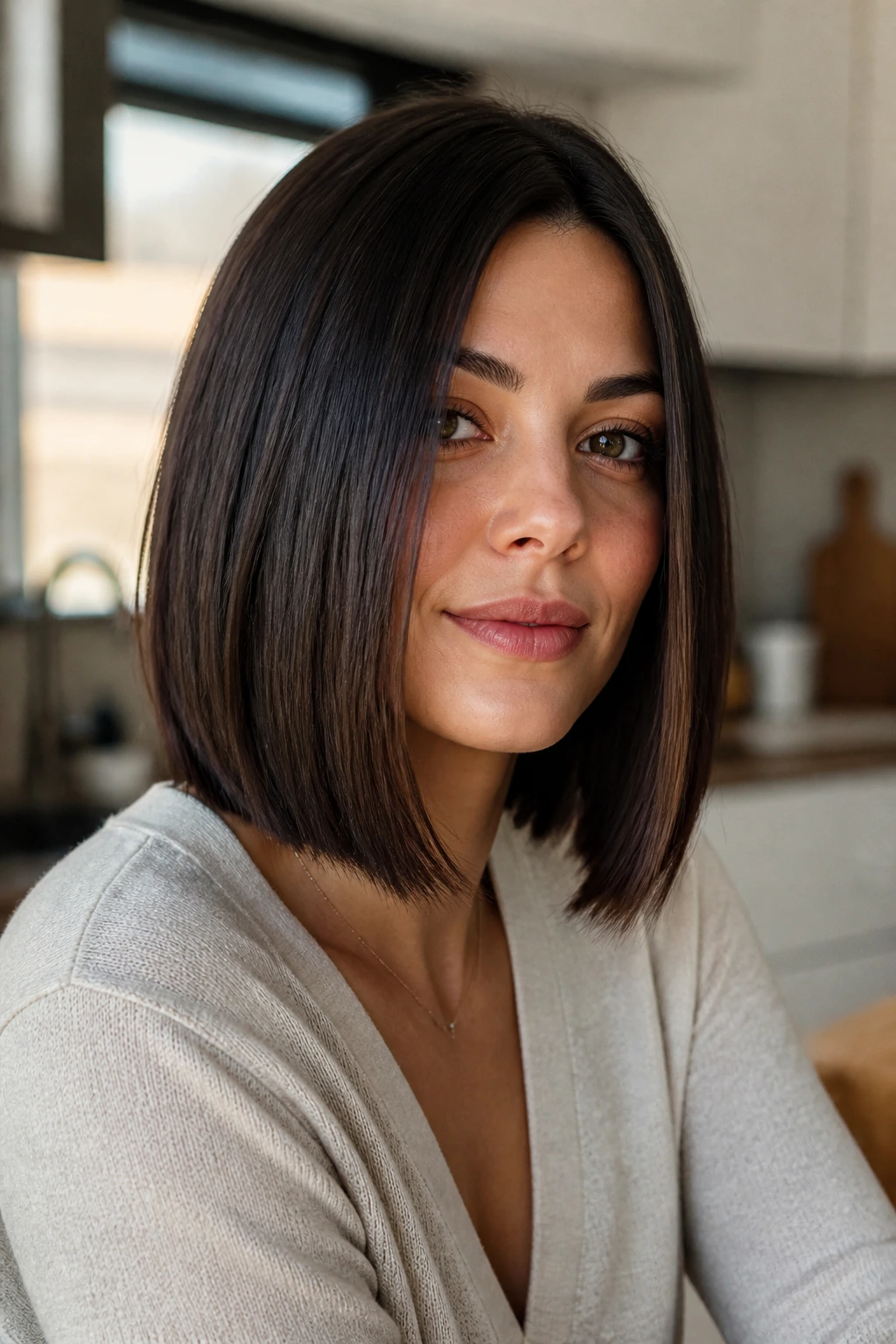 Portrait of a person with a sleek straight lob and blunt ends.