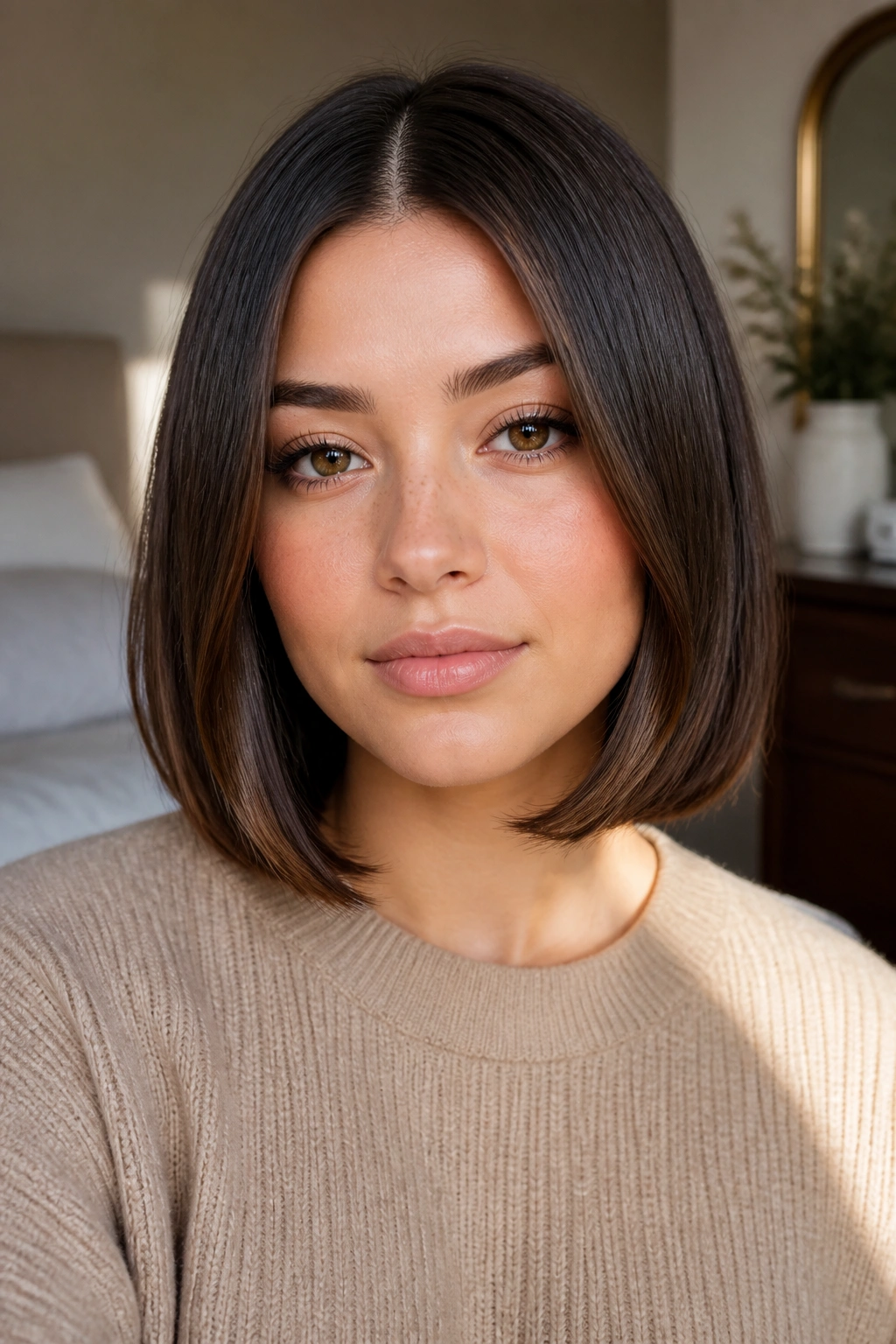 Close-up of a real woman with a sleek straight lob and soft bend at the ends, hair just below the jaw.
