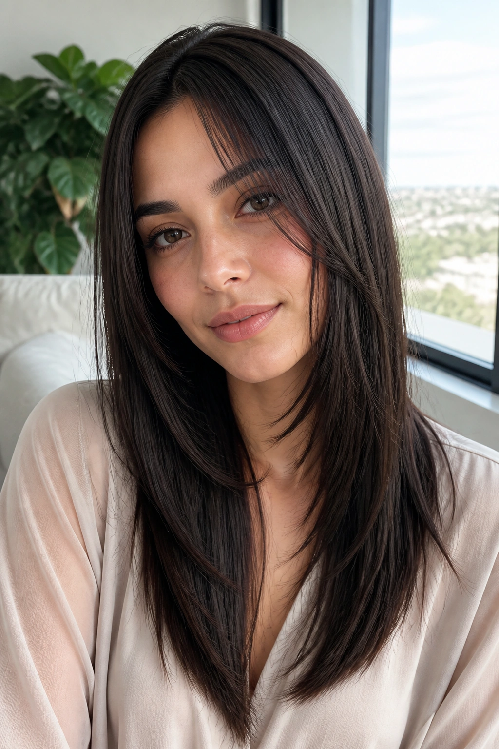 Portrait of a woman with sleek, straight long shag and soft front pieces in a bright modern room.