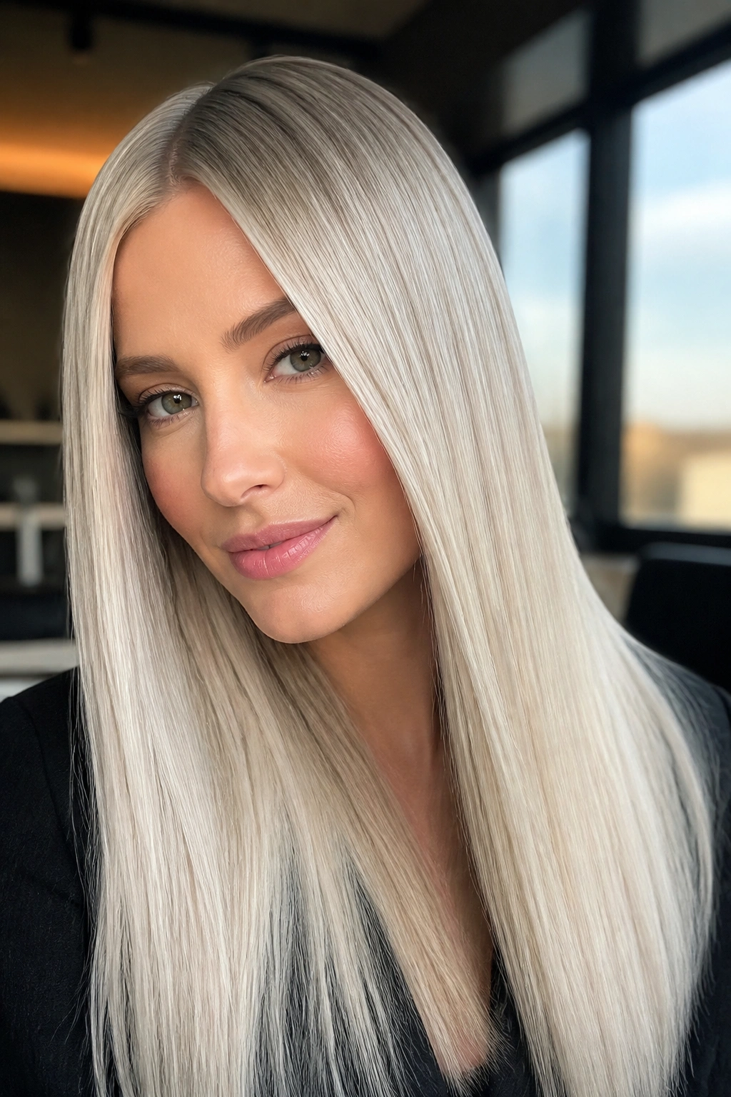 Real person with sleek straight platinum hair glossy finish