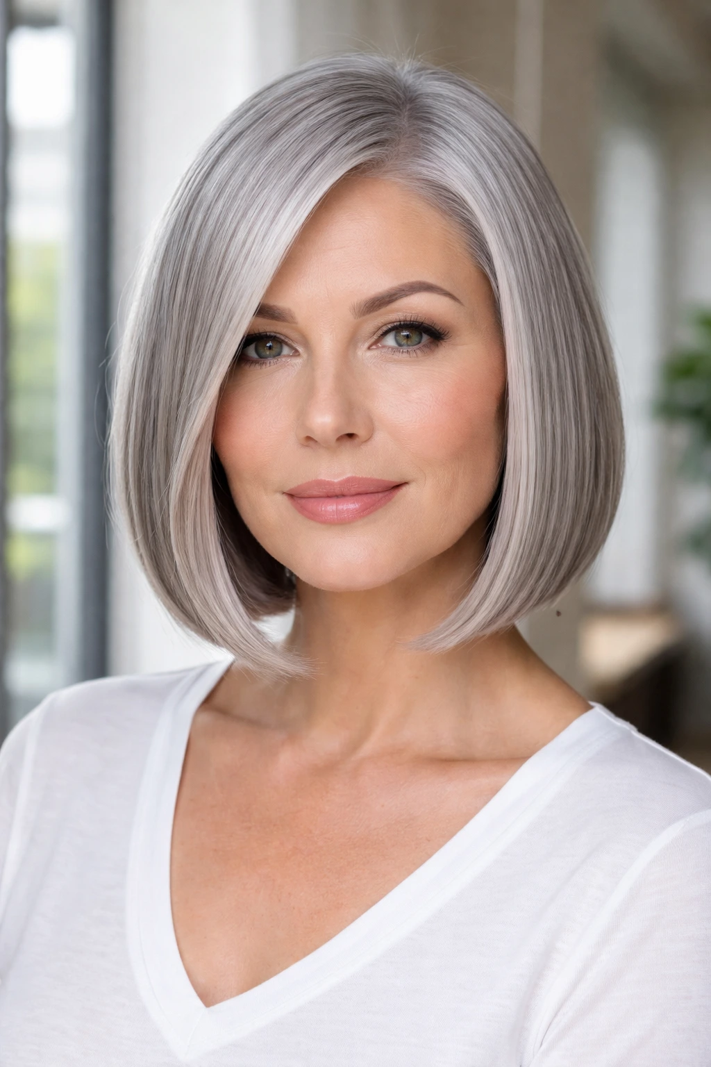 Real person with blunt chin-length silver bob in sleek straight hair