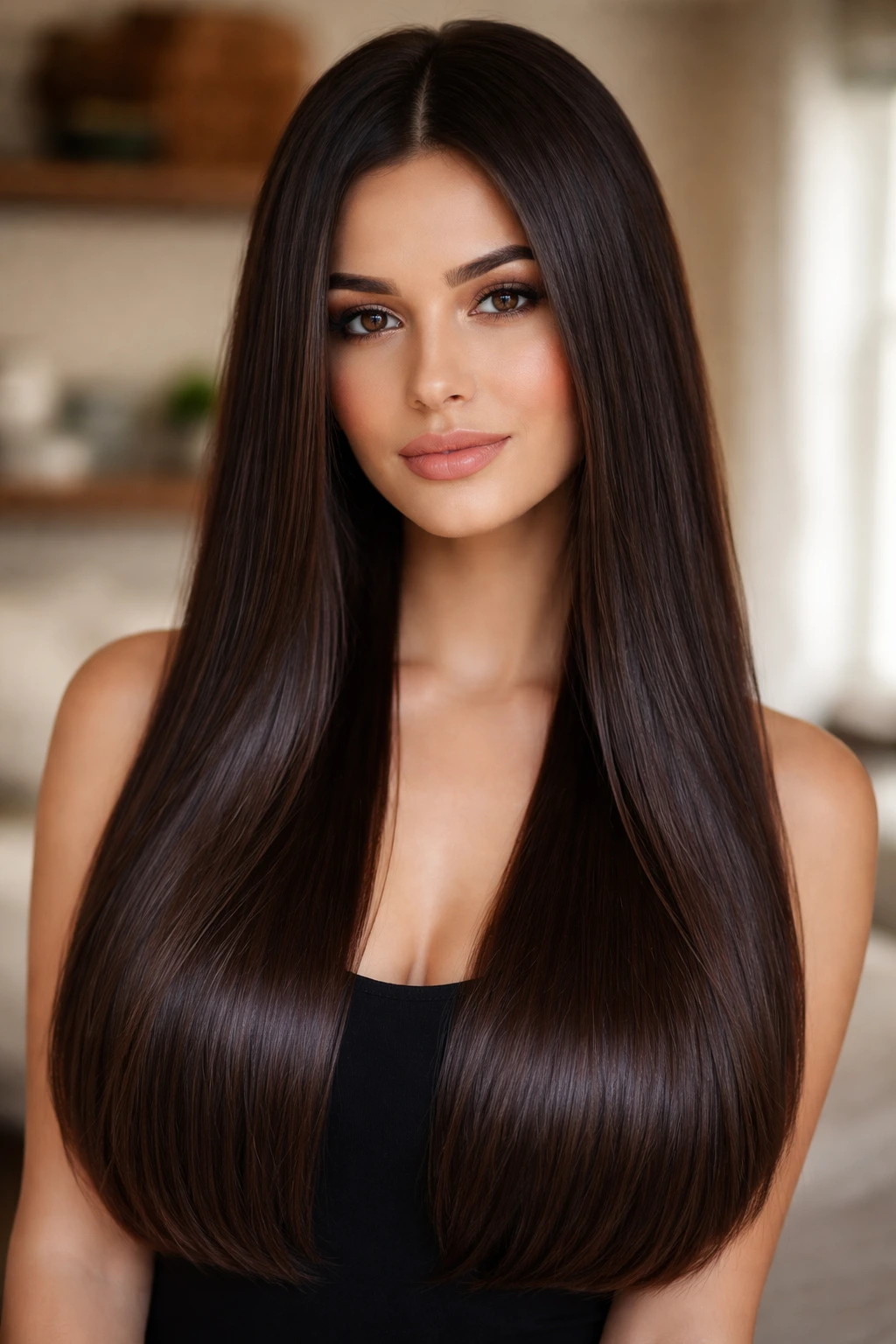 Close-up of brunette woman with long sleek straight hair in a bedroom setting