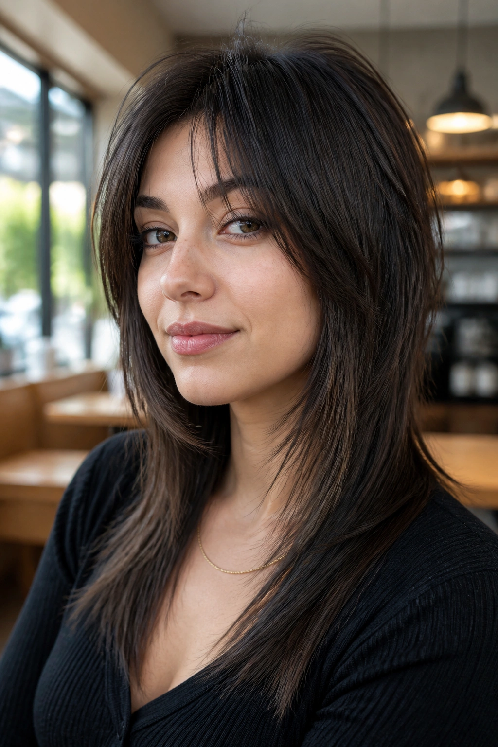 Close-up of a real woman with a sleek straight wolf cut, clean silhouette and crown lift in natural daylight.