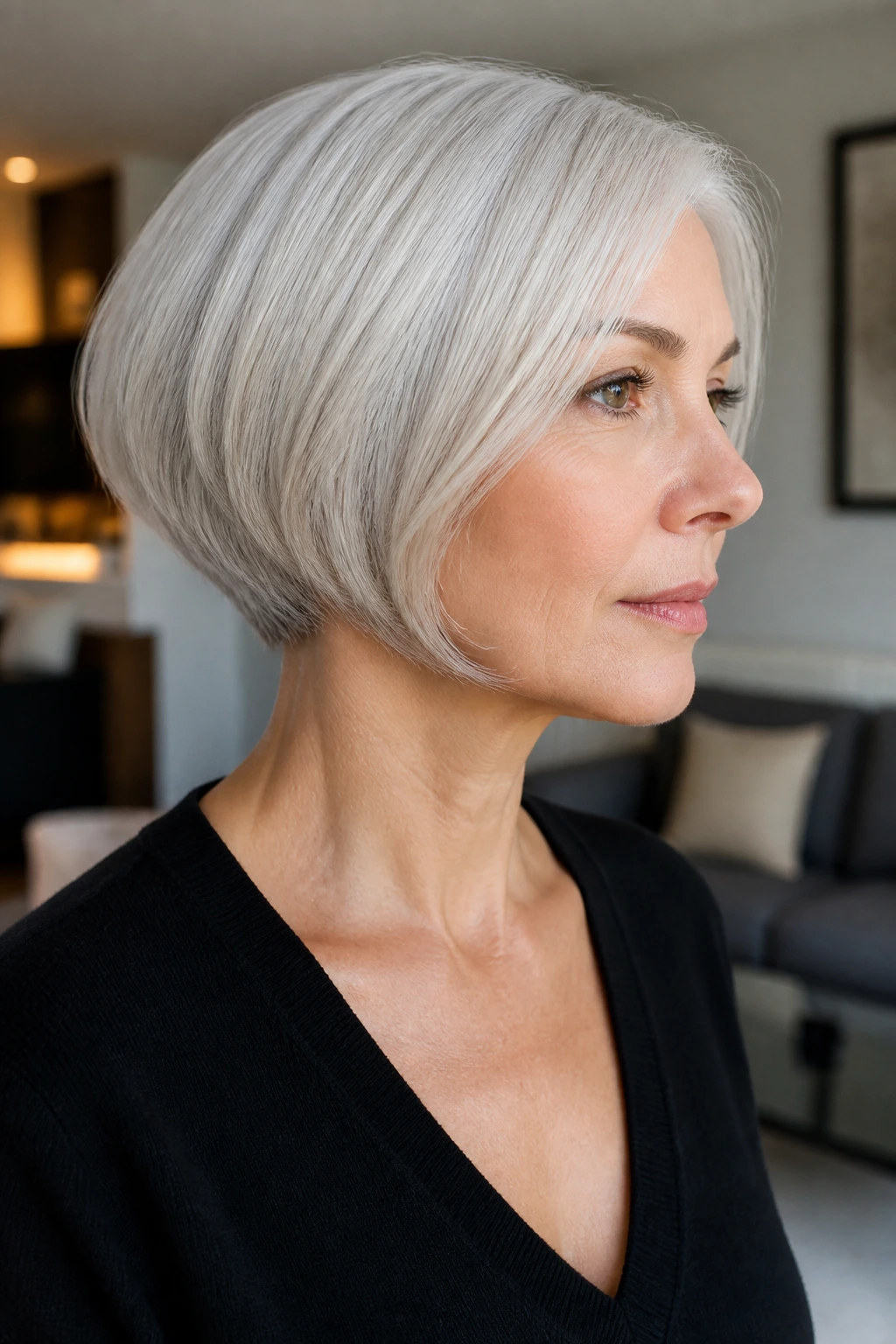 Close-up portrait of a real woman with a sleek tapered bob on white hair, soft lighting