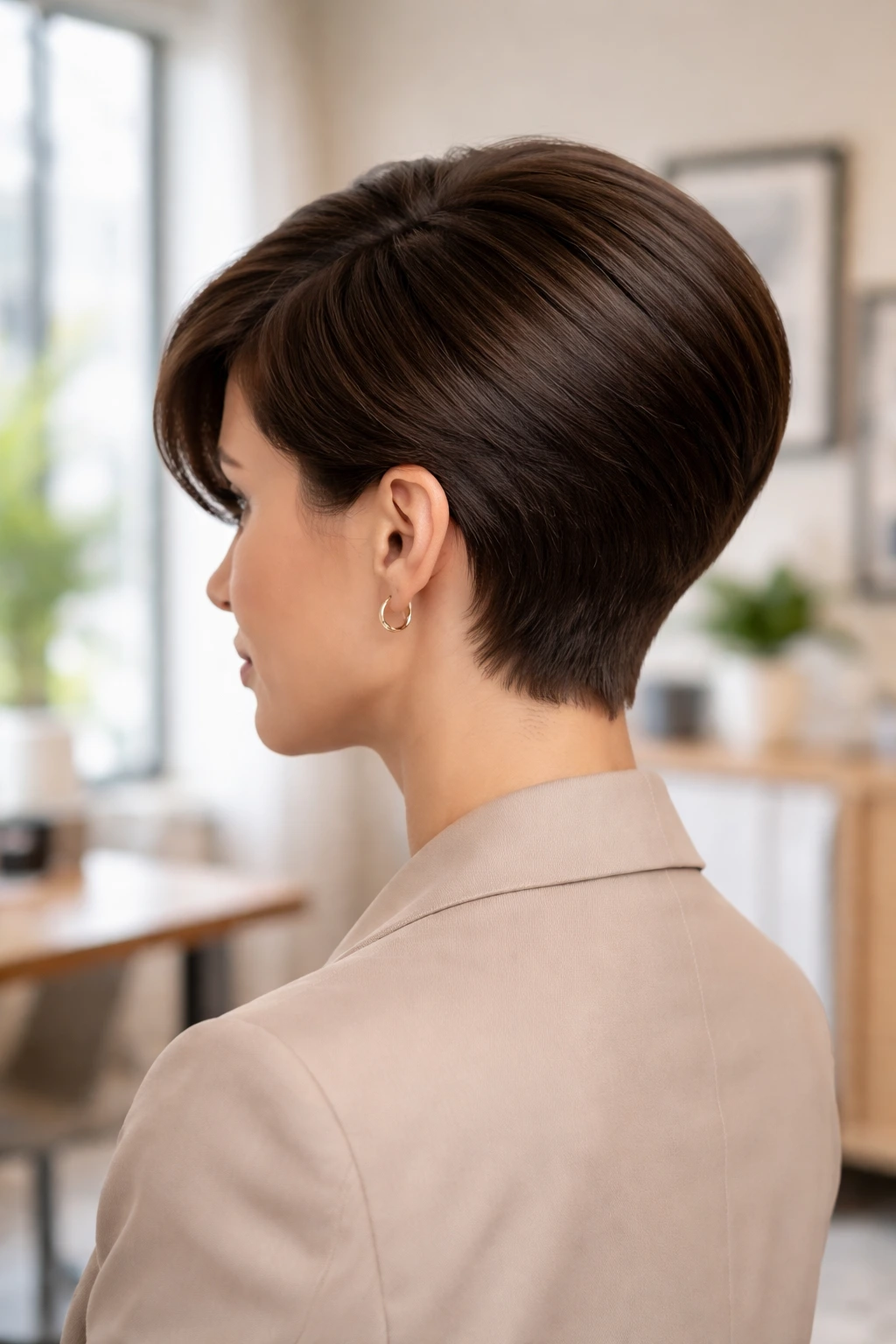 Real person with sleek tapered stack in a professional office setting.