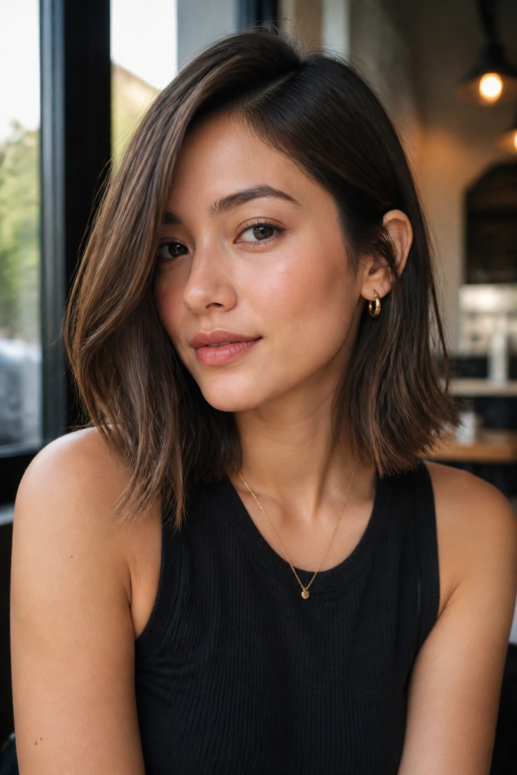 Close-up portrait of a person with a sleek textured lob and loose ends in daylight