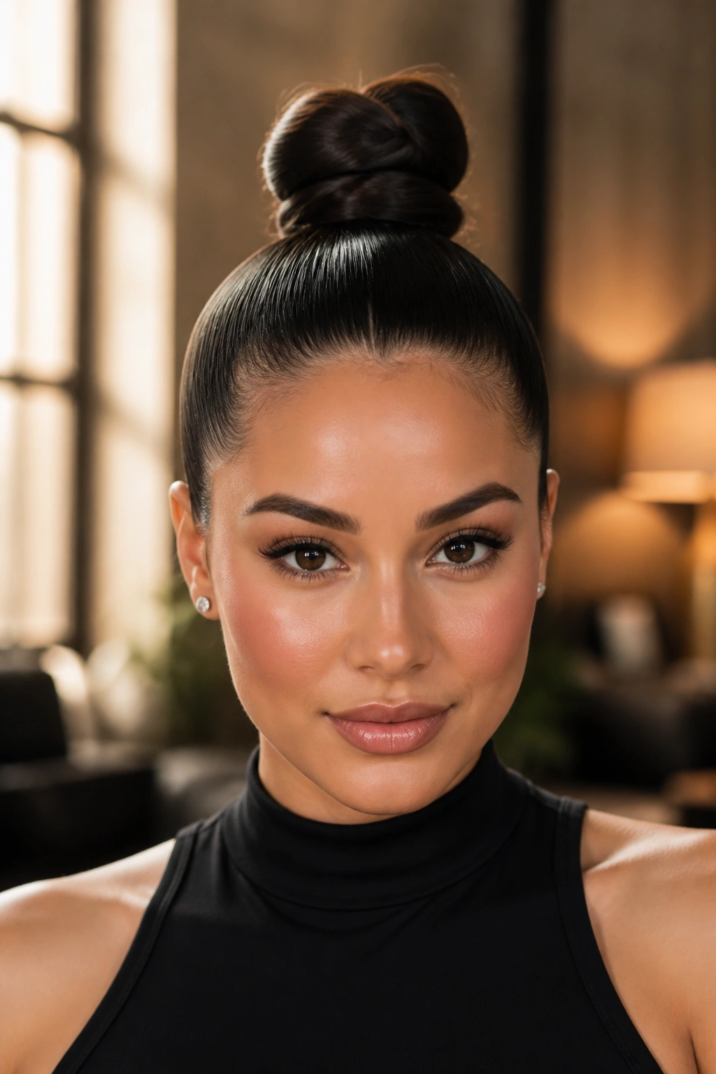 Side profile of a real woman with a sleek top knot.
