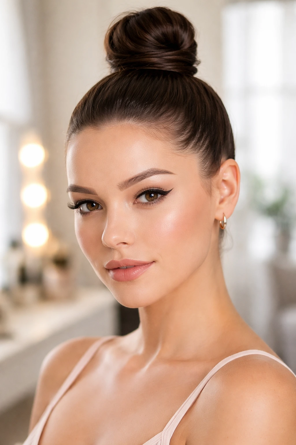 Close-up of a woman with a sleek top knot hairstyle