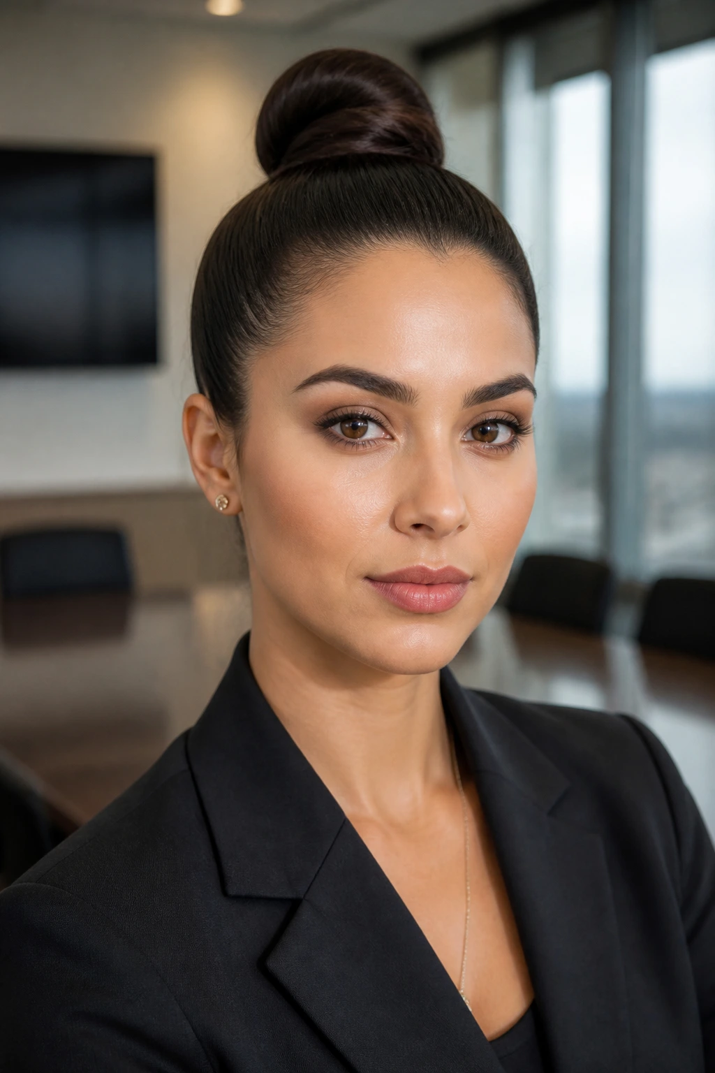 Close-up of a real woman with a sleek top knot in a conference room