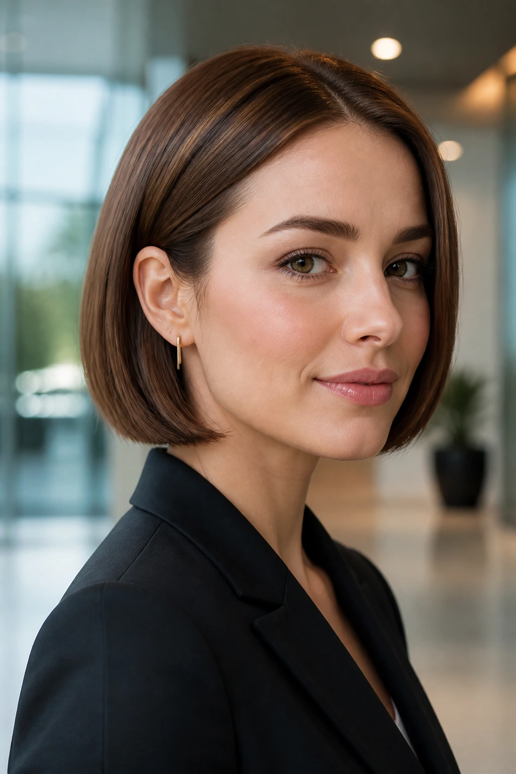 Portrait of a woman with sleek French bob tucked ends behind ear