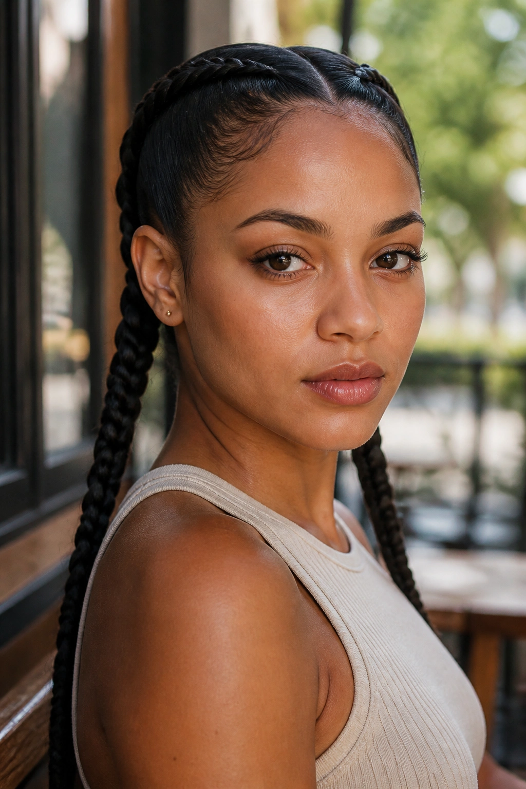 Close-up of a real woman with two sleek braids and middle part outdoors in soft daylight
