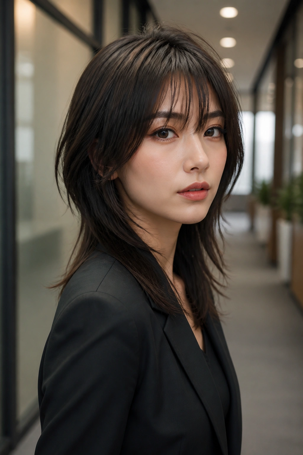 Real person with a sleek wolf cut and hidden layers, smooth straight finish