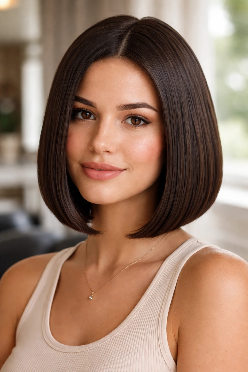 Portrait of a real woman with a sleek straight bob and beveled ends