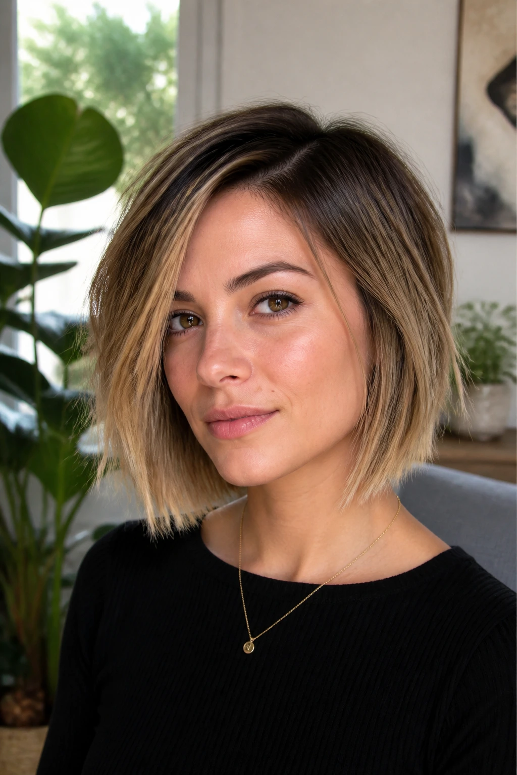 Close-up portrait of a real woman with sliced bob and airy ends